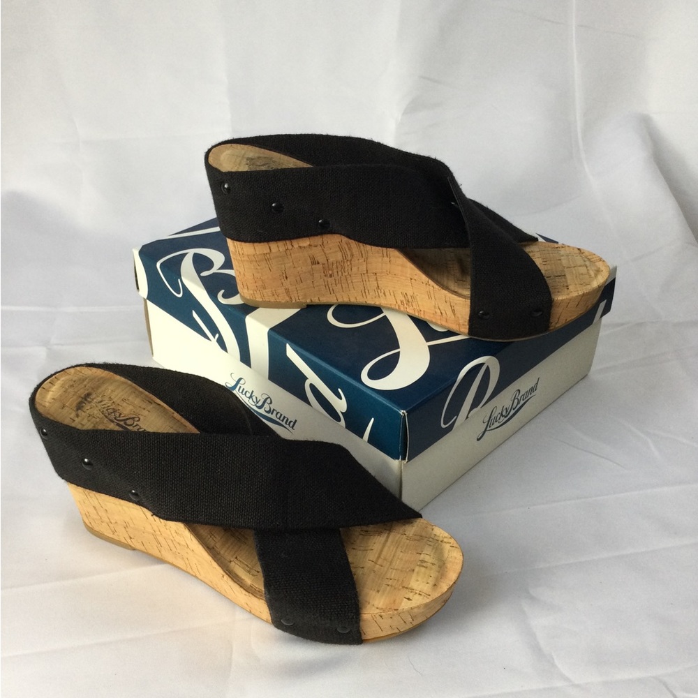 Lucky Brand  Black/Linen Elastic Cork Wedge Slip-On Size 9 1/2M
